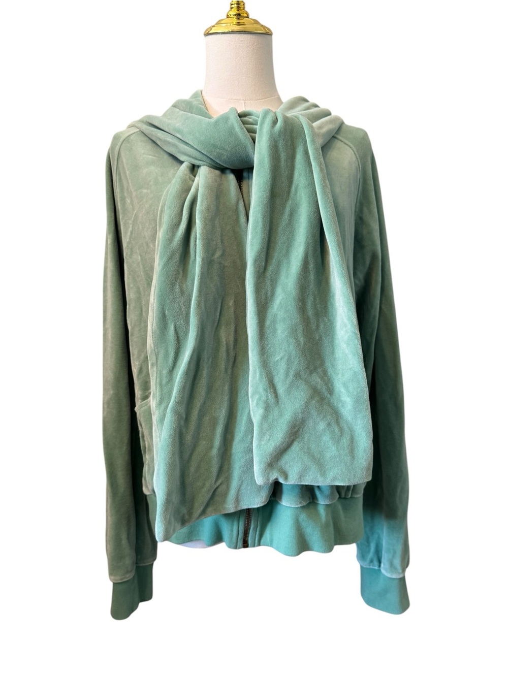 Vintage DKNY Soft Velour Zip-Up Hoodie with Attached Scarf Seafoam Green L